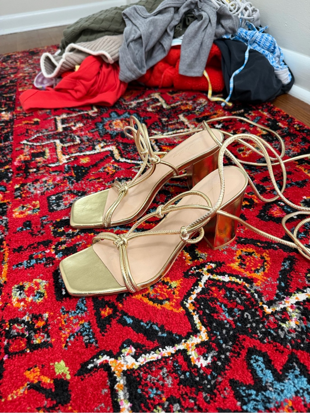 Gold Strappy Block Heel Sandals - Women's Fashion Sandals